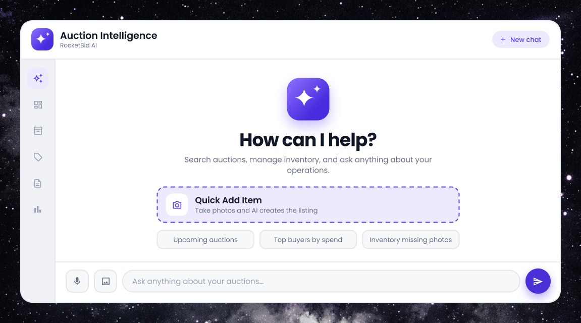 Auction Intelligence chat assistant answering questions about auctions and inventory inside RocketBid