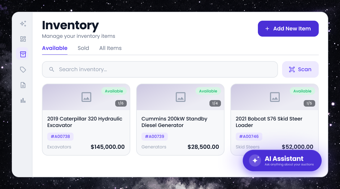 RocketBid inventory list with availability, lot numbers and pricing alongside the AI Assistant