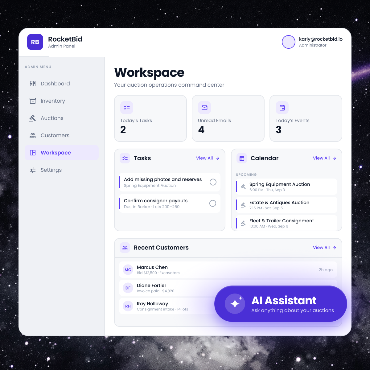 RocketBid workspace showing tasks, calendar and recent customers with the AI Assistant open