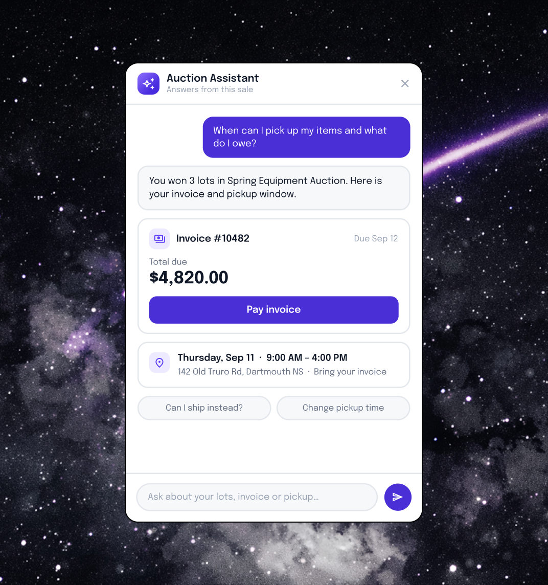Bidder-facing auction assistant answering a pickup question and showing an invoice with a pay button